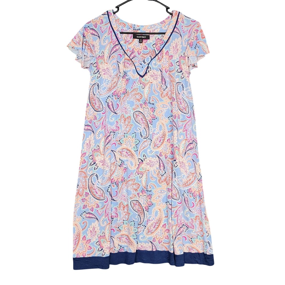 Ellen Tracy Flutter Sleeve Nightgown Paisley V-Neck Blue Pink Medium